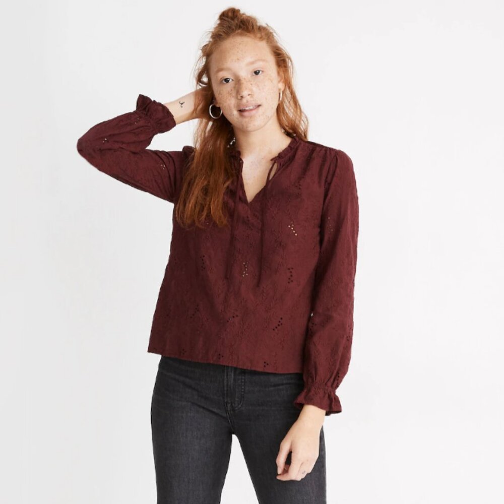 {Madewell} Embroidered Eyelet Ruffled Popover Top | Dark Cabernet - Size XS